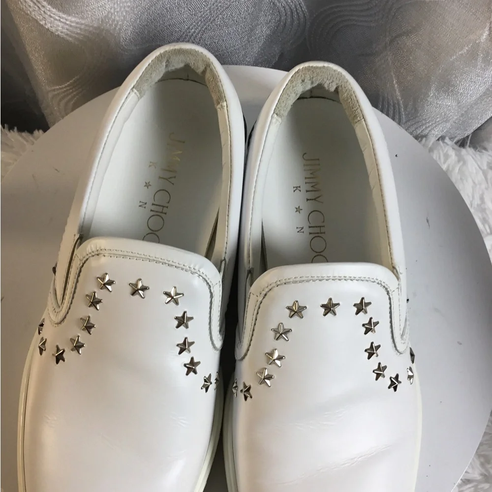 Jimmy Choo White Slip-On Sneakers with Star Studs